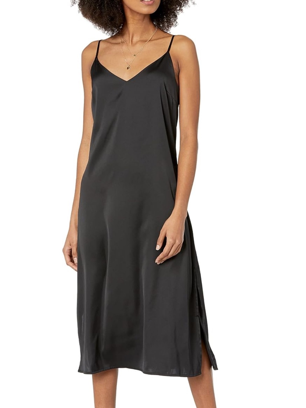 The Drop Women's Ana Silky V-Neck Midi Slip Dress, Black, L